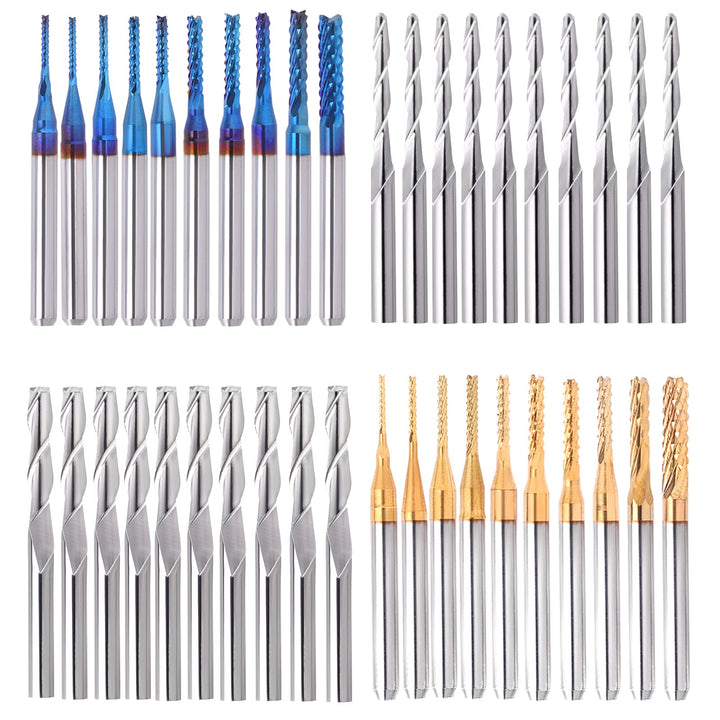 40Pcs End Mills CNC Router Bits Set 1/8 Shank, Mcwdoit CNC Machine Cutting Milling Tool Engraving Cutter Including Flat Nose/Ball Nose End Mill, Nano Blue Coat/Titanium Coat 2 Flute CNC Router Bits