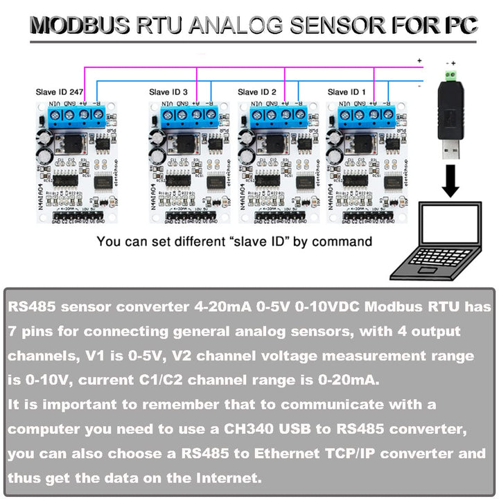 DC 12V 4-20mA 0-5V 0-10V Voltage Signal Acquisition RS485 Modbus RTU Module for PLC Current Transmitter N4AIA04 Measuring Instruments DC 8-25V
