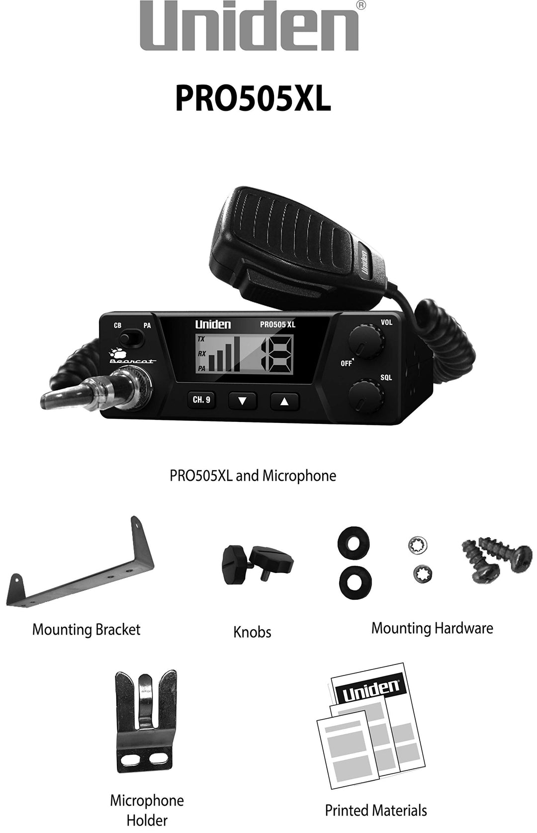PRO505XL 40-Channel CB Radio. Pro-Series, Compact Design. Public Address (PA) Function. Instant Emergency Channel 9, External Speaker Jack, Large Easy to Read Display. - Black