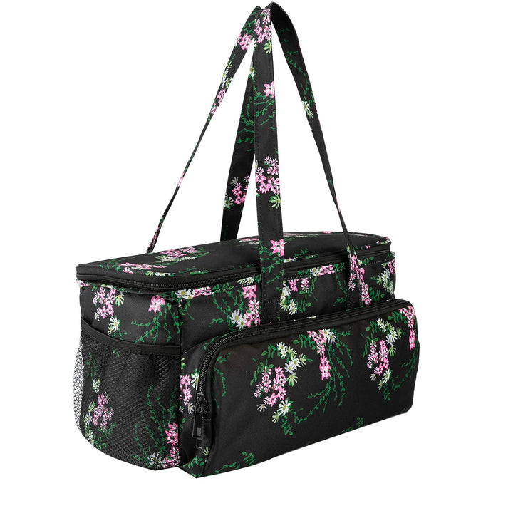 Yarn Storage Organizer Tote Bag Knitting Project Bag Yarn Holder Traveling Crochet Handbag Floral for Bulk Yarns,Crochet Hooks,Knitting Needle,Crochet Acessories (Black Handbag)