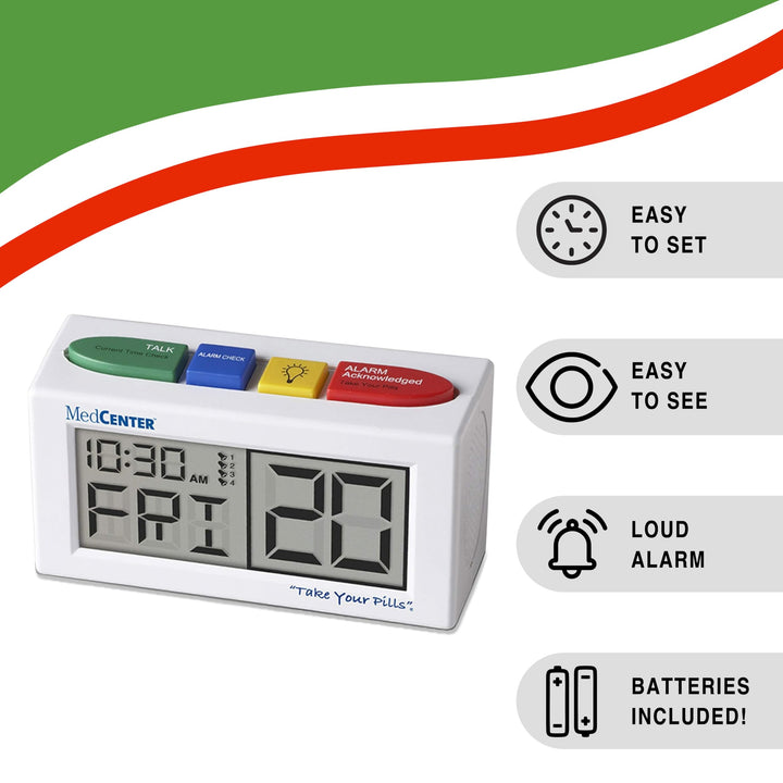 Talking Alarm Clock, Medication Pill Reminder Clock, Talking Alarm Clock for Dementia, Hearing, Visually impaired Seniors-Digital Clock with Multiple Easy Set Alarms Ex Large White