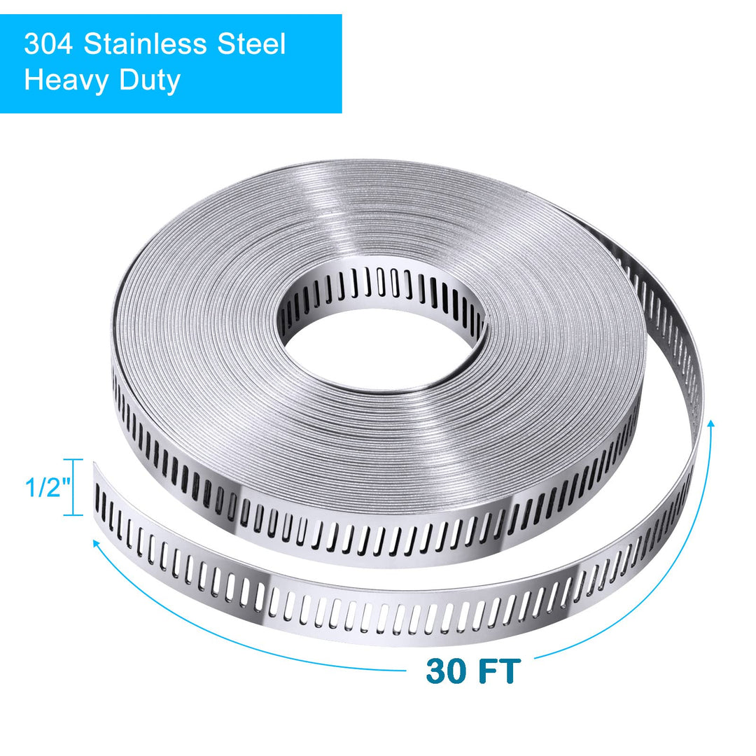 STEELSOFT Stainless Steel Band Clamp System Kit, DIY, Large Hose Clamp Worm Clamps Duct Clamp 2.5''-115'' Diameter, 30 FT Strap + 8 Fasteners, Air Ducting, Metal Strapping, Exhaust Wrap Clamps