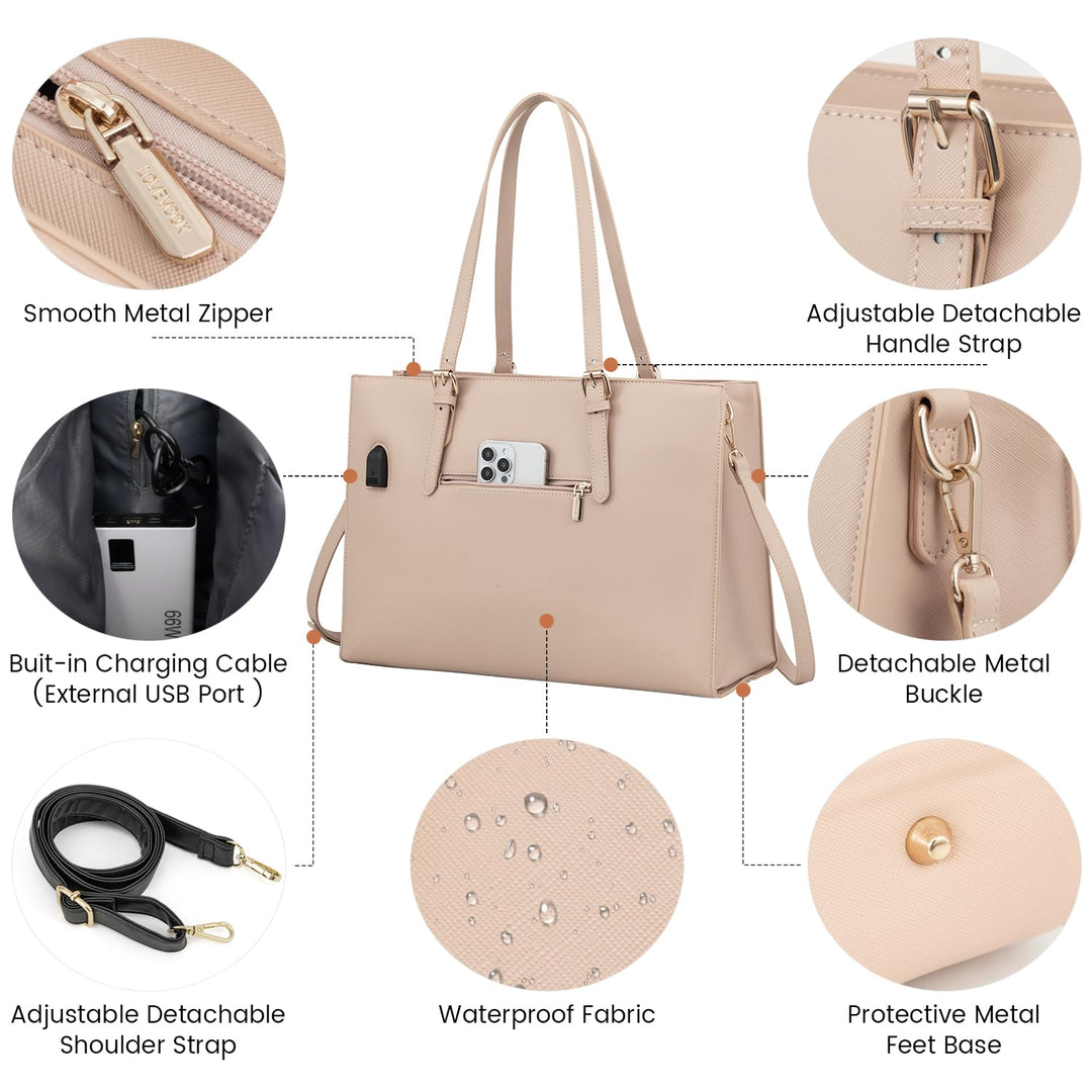 Laptop Bag for Women, Fashion Computer Tote Bag Large Capacity Handbag, Leather Shoulder Bag Purse Set, Professional Business Work Briefcase for Office Lady, 2PCs, 15.6-Inch, Nude Pink