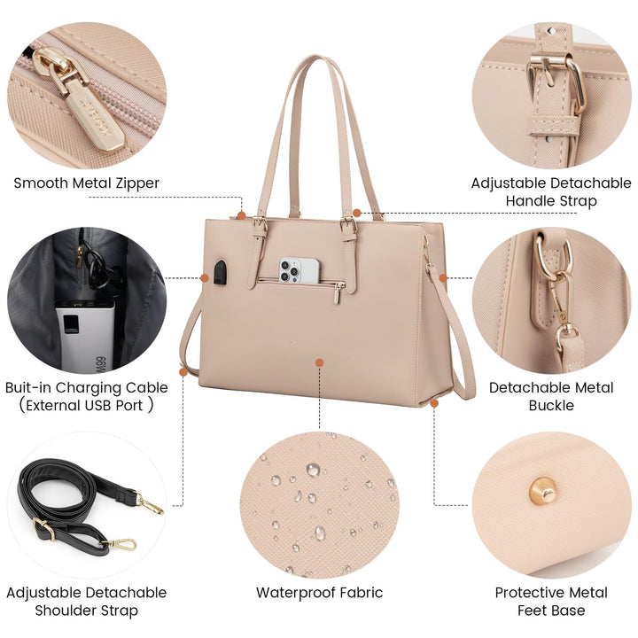 Laptop Bag for Women, Fashion Computer Tote Bag Large Capacity Handbag, Leather Shoulder Bag Purse Set, Professional Business Work Briefcase for Office Lady, 2PCs, 15.6-Inch, Nude Pink