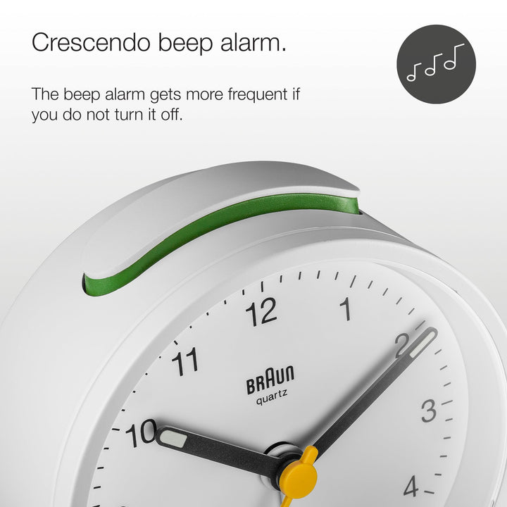 Classic Analogue Alarm Clock with Snooze and Light, Quiet Quartz Movement, Crescendo Beep Alarm in White, Model BC12W.