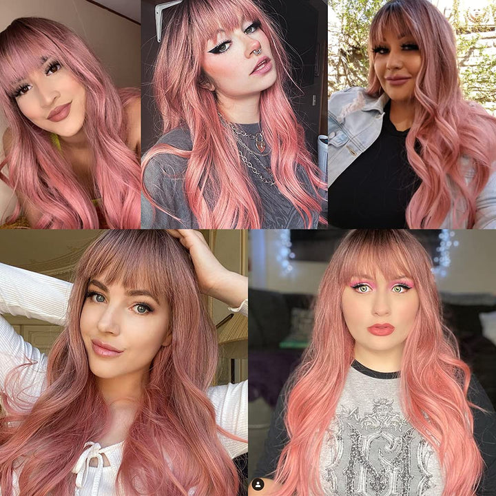 Ombre Pink Wig with Bangs Long Pink Wavy Wigs for Women Long Pink Wavy Wig Pink Ombre Heat Resistant Wigs for Daily Party(Ombre Pink 26inch)