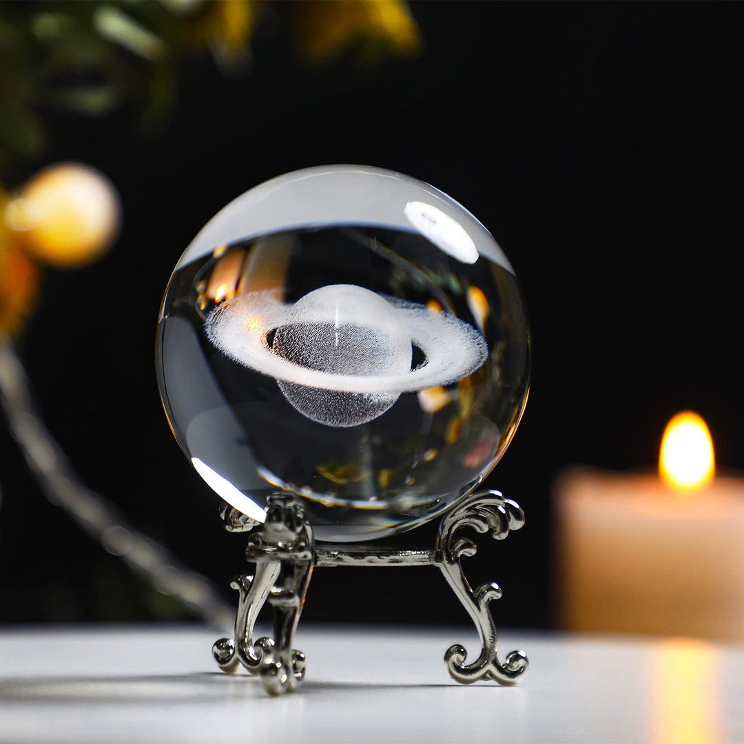 3D Glass Laser Saturn Crystal Ball with Stand 60mm Decorative Glass Ball Paperweights Space Decor for Home Astronomy Graducation Gift for Kids Boys