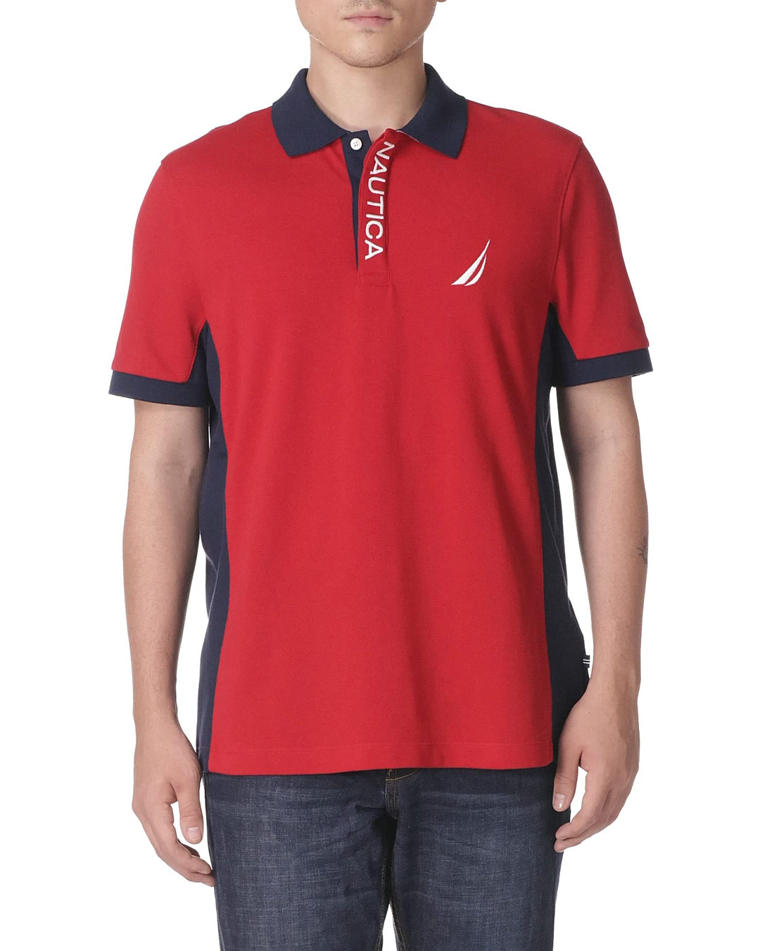 Men's Short Sleeve Color Block Performance Pique Polo Shirt, Red, 3X-Large