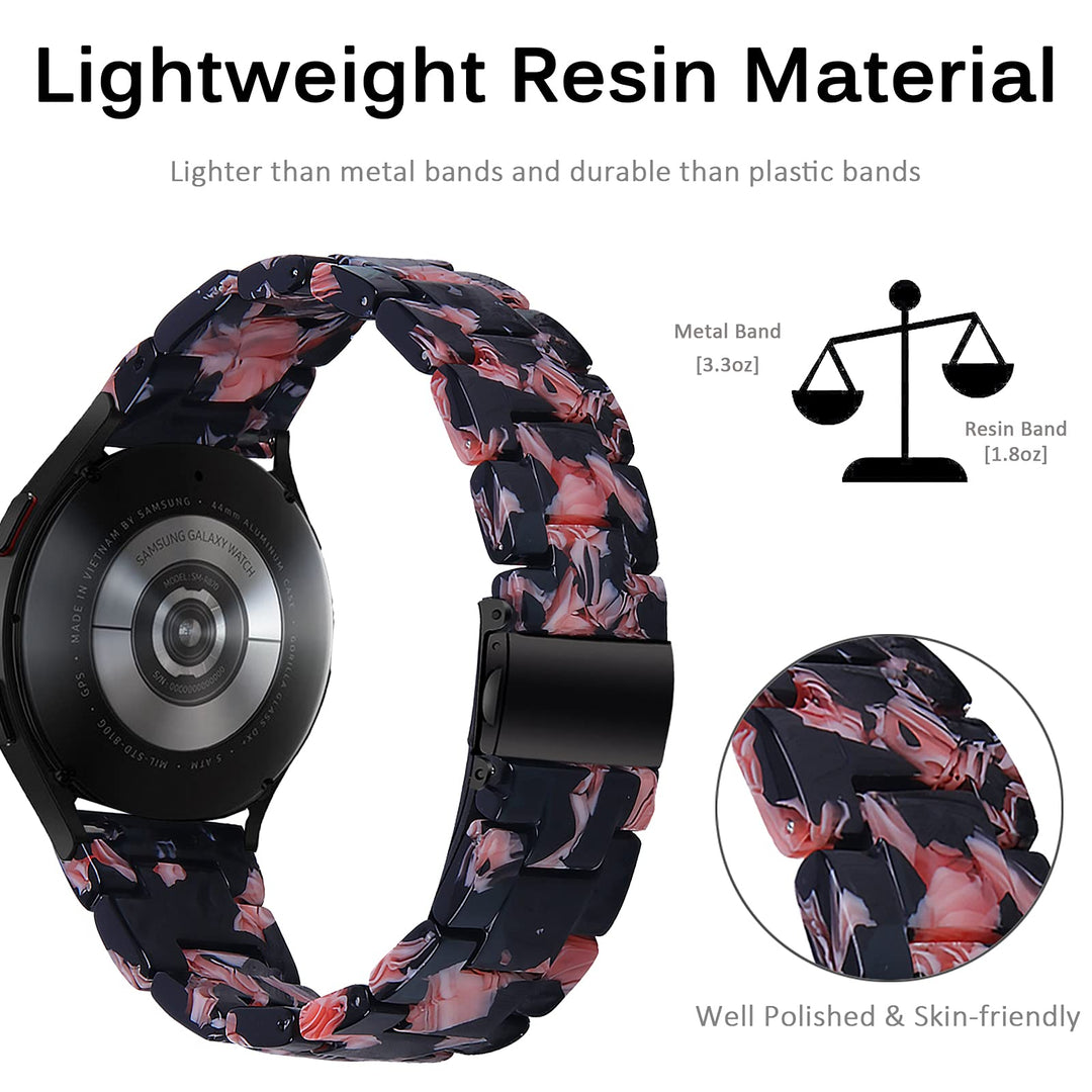 Compatible for Samsung Galaxy Watch 4 Resin Band Lightweight Stainless Steel Metal Buckle Replacement Bracelet Bands Straps for Galaxy Watch 4 Classic 42mm 46mm, 4 40mm 44mm(Pink Flower)