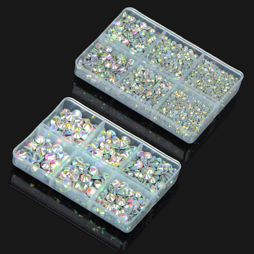 QOGIL 6300pcs Clear AB Hotfix Rhinestones for Crafts Clothes DIY with Tweezers and 2 Picking Pens Mixed Size Flatback Rhinestone