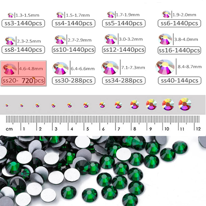 720Pieces SS20 Flatback Rhinestones, 4.8MM Glass Crystal Rhinestones for Craft Nails Dance Costumes, Flat Back Nail Crystals, Non Hotfix Rhinestones (SS20 / 4.8MM, Green/Emerald)