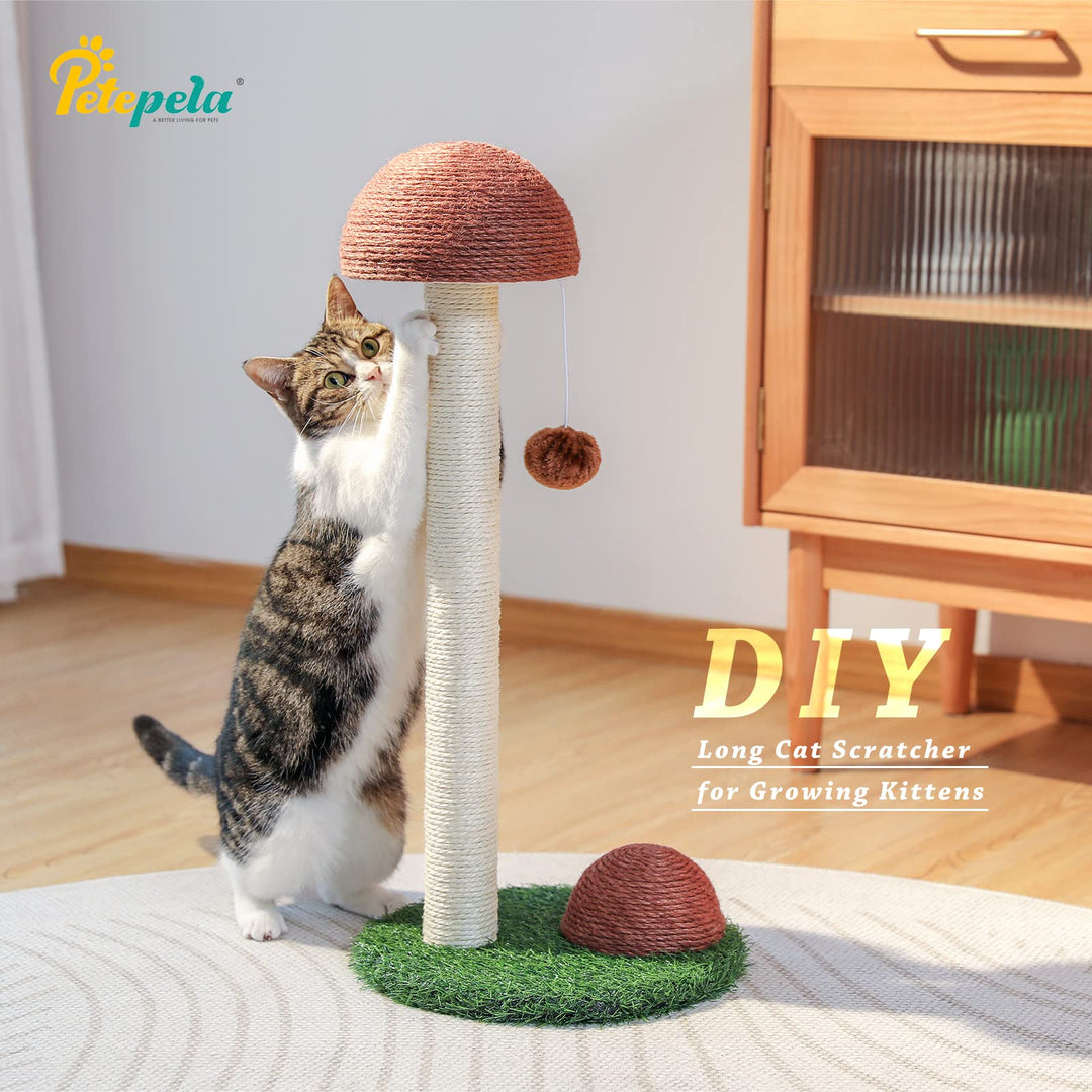 Cat Scratching Post, Mushroom Tall Cat Scratcher Featuring with Natural Sisal Scratching Poles and Interactive Toy Ball for Kittens and Small Cats (Brown)