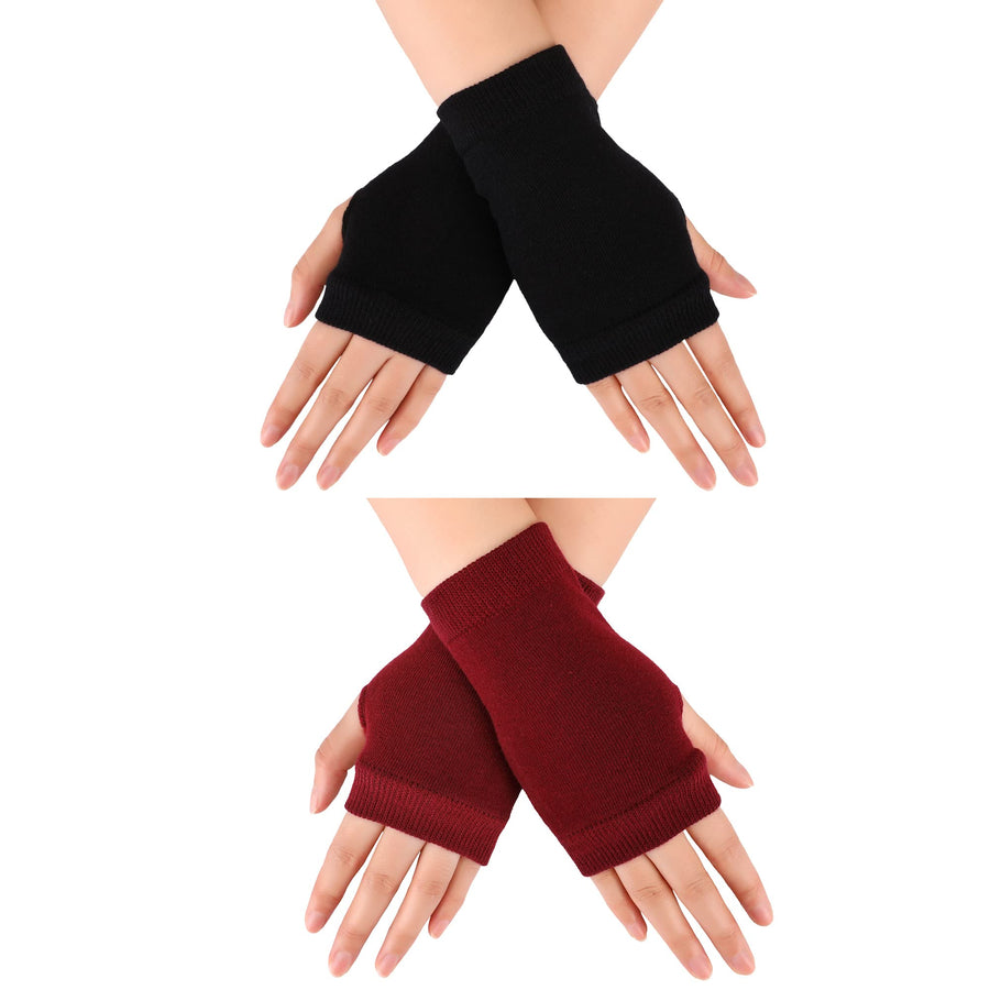 Fingerless Warm Gloves with Thumb Hole Cozy Half Fingerless Driving Gloves Knit Mittens for Men, Women (Black, Wine Red)