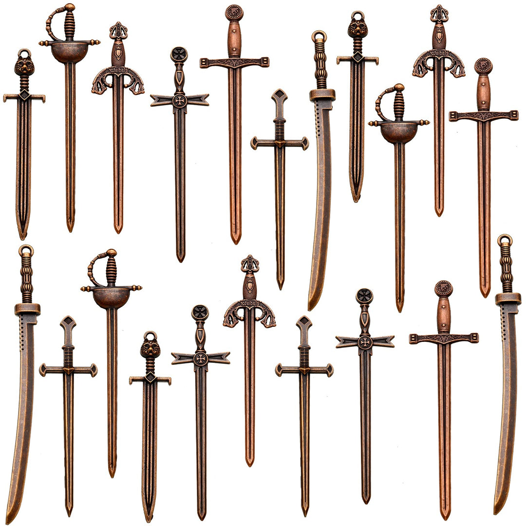 21 Pieces Sword Bookmark Miniature Sword Charms Mini Antique Sword Knife Pendants for Bookmarks DIY Necklace Bracelace Jewelry Making (Red Bronze)