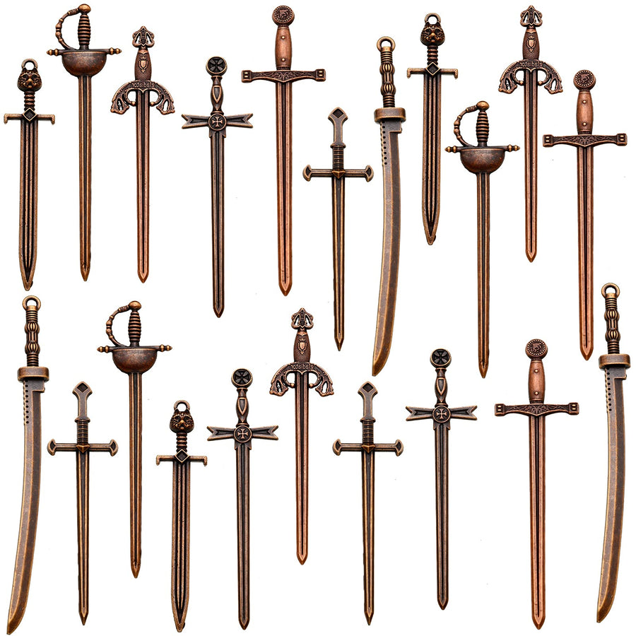 21 Pieces Sword Bookmark Miniature Sword Charms Mini Antique Sword Knife Pendants for Bookmarks DIY Necklace Bracelace Jewelry Making (Red Bronze)
