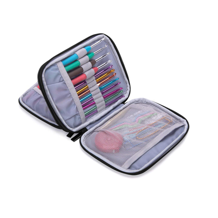 Crochet Hook Case, Organizer Zipper Bag with Web Pockets for Various Crochet Needles and Knitting Accessories, Well Made and Easy to Carry, Medium, Gray Dots (No Accessories Included)