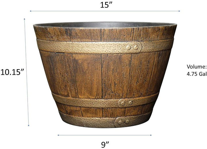 Whiskey Plastic Resin Flower Pot Barrel Planter, Oak Brown, 15