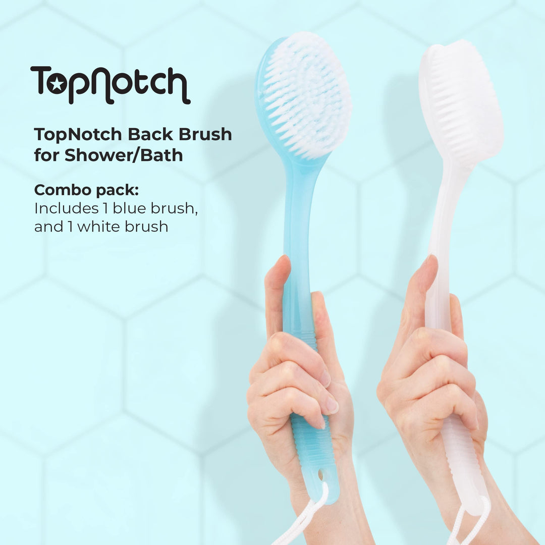 ® Quality Bath Brush Value Pack - 2 Brushes. 1 Clear and 1 Blue, Shower Brush. Back Scrubber. Long Handle