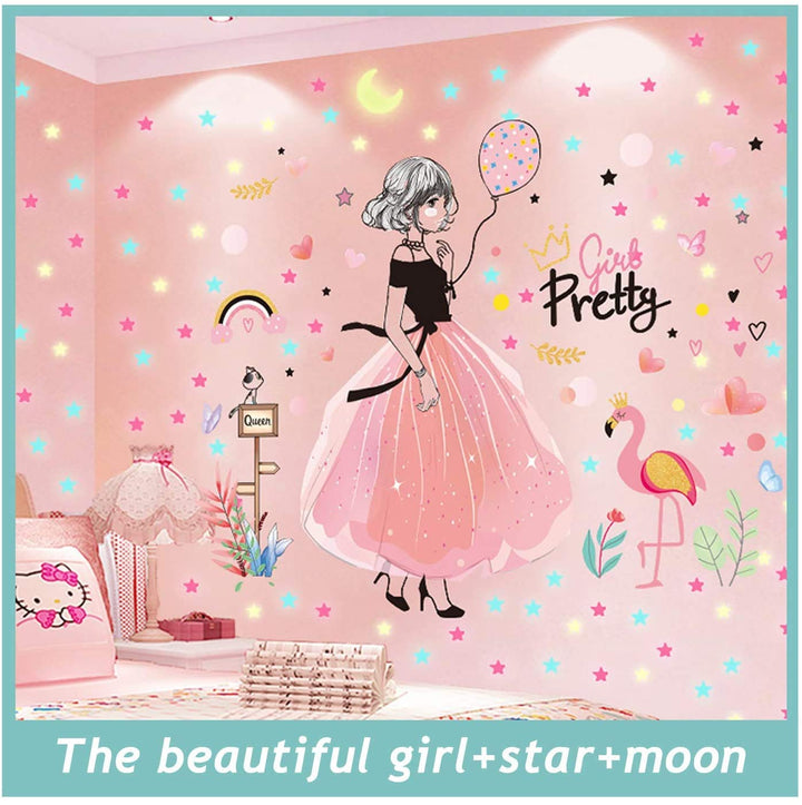 SENGTER Pretty Girl Wall Sticker Removable Wall Decals Wall Murals Peel and Stick Wallpaper Waterproof Wall Art Wall Decor for Bedroom Teen Girl Living Room(with Fluorescent Stickers)