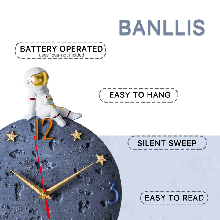 Space Theme Wall Clock, Astronaut Moon Wall Clock, 12 Inch Grey Modern Silent Clock for Kids Room Nursery Living Room Bedroom Kitchen Decor, for Children Boys and Girls Gift