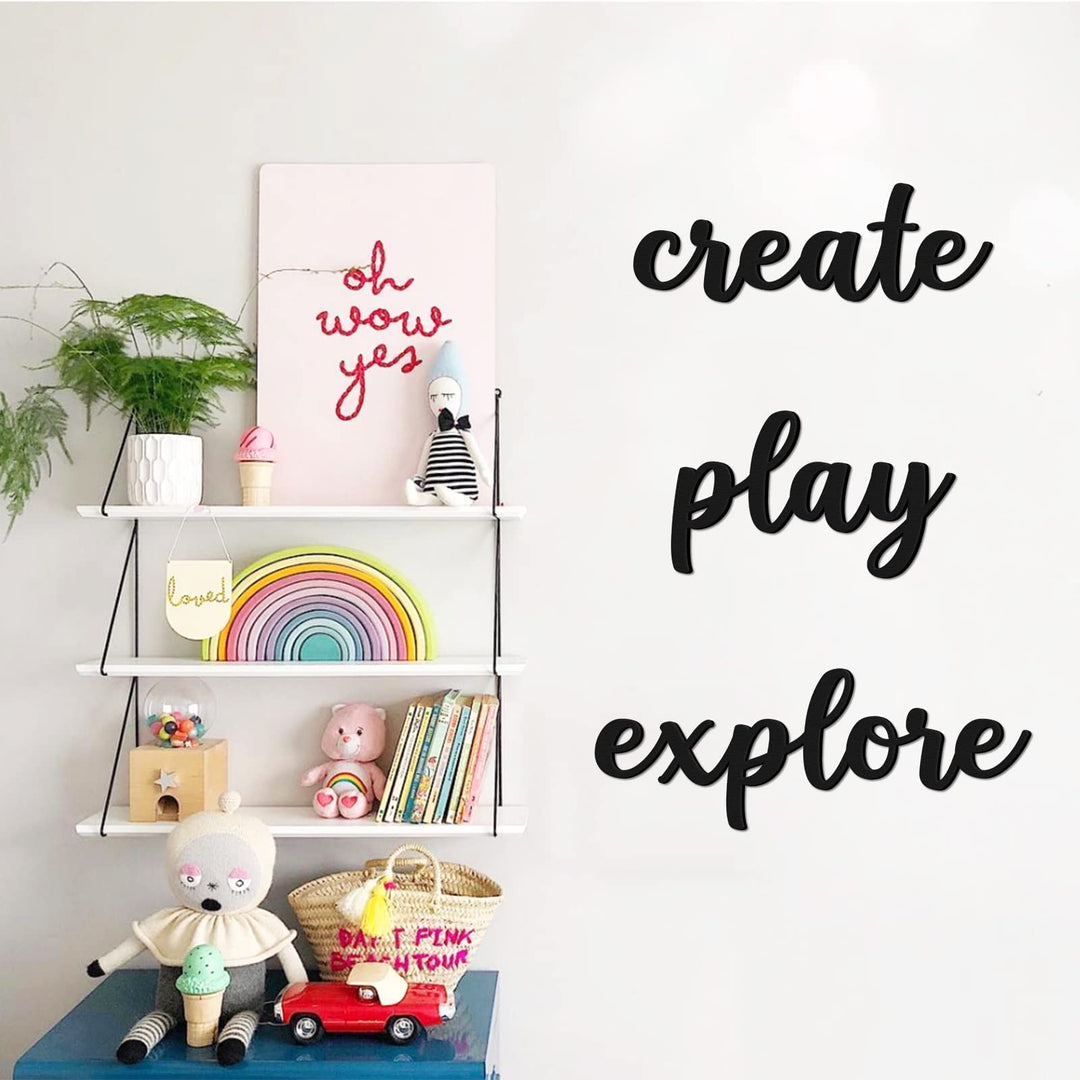 Playroom Wall Decor Wood Play Explore Create Inspirational Wall Art Nursery Room Decor for Kids Toddlers Boys Girls Classroom Bedroom Reading Nook Positive Quotes Wall Decoration