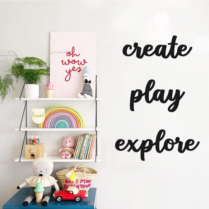 Playroom Wall Decor Wood Play Explore Create Inspirational Wall Art Nursery Room Decor for Kids Toddlers Boys Girls Classroom Bedroom Reading Nook Positive Quotes Wall Decoration