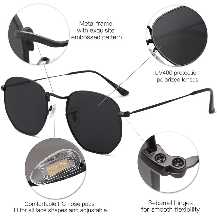 Small Square Polarized Sunglasses for Men and Women Polygon Mirrored Lens SJ1072 with Black Frame/Grey Lens