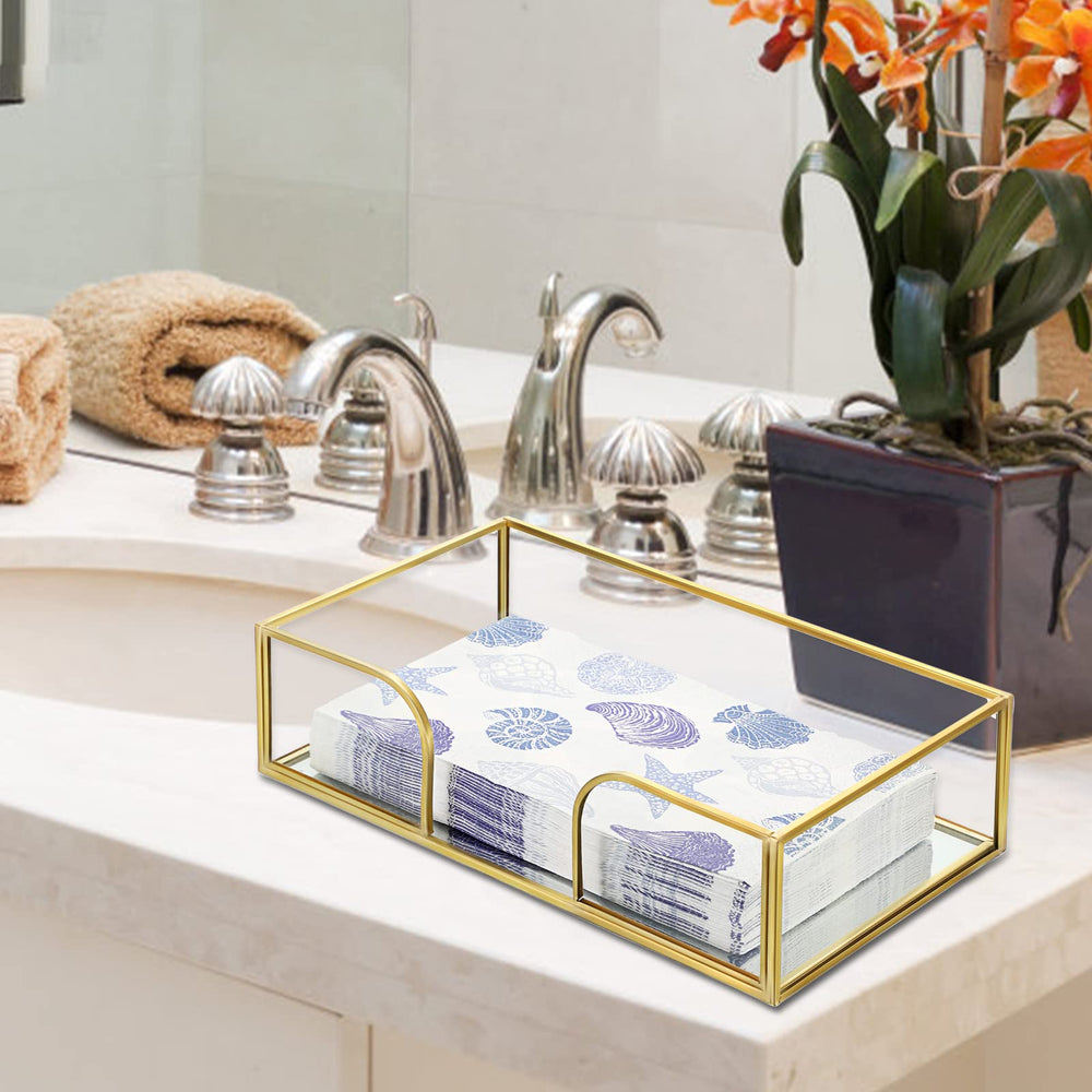 Bathroom Guest Towel Holder - Rectangle Glass Napkin Holder for Guest Hand Towels Paper Napkins, Decorative Napkin Holder Tray for Bathroom Vanity Toilet Tank Table Kitchen Countertop, Gold