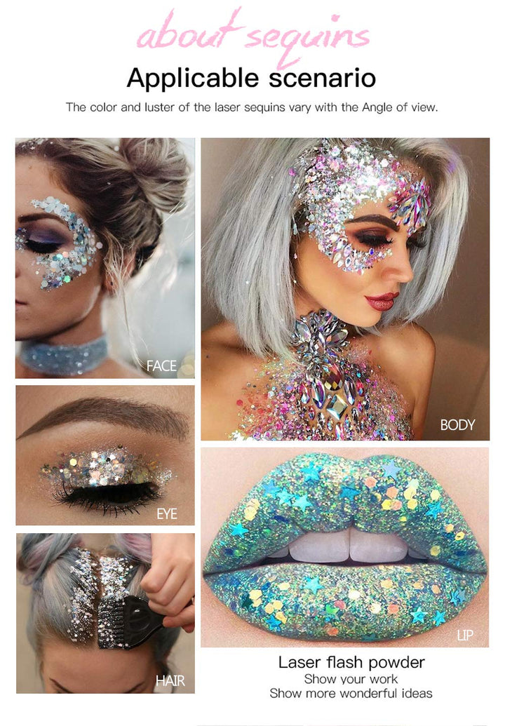 Body Glitter Gel Nail Hair Body Face Flash Eye shadow Glitter Cream Chunky Glitter Mermaid Scale Sequins Christmas Festival Painting New Year Decoration Makeup (White)
