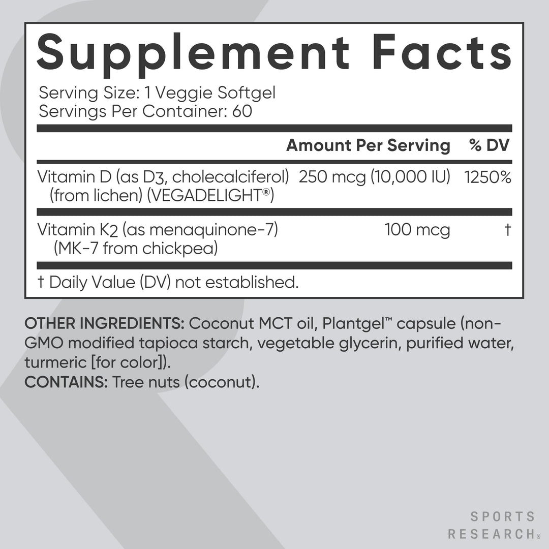 ® Vegan D3 10,000iu with Vitamin K2 100mg - Formulated with Coconut MCT Oil - Vegan Certified, Soy & Gluten Free - 60 Softgels