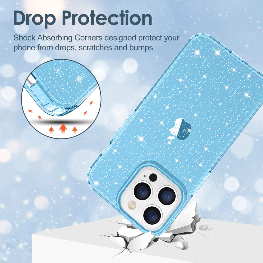 Case for iPhone 13 Pro Max Case Glitter, Cute Sparkly Clear Glitter Shiny Bling Sparkle Cover, Anti-Scratch Hard PC Slim Fit Shockproof Protective Phone Cases for Women Girls, Blue Glitter