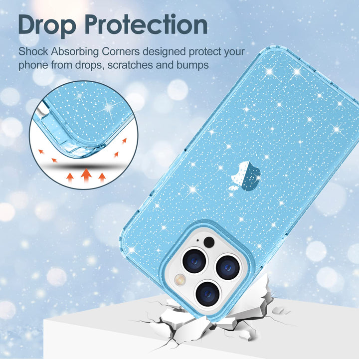 Case for iPhone 13 Pro Max Case Glitter, Cute Sparkly Clear Glitter Shiny Bling Sparkle Cover, Anti-Scratch Hard PC Slim Fit Shockproof Protective Phone Cases for Women Girls, Blue Glitter
