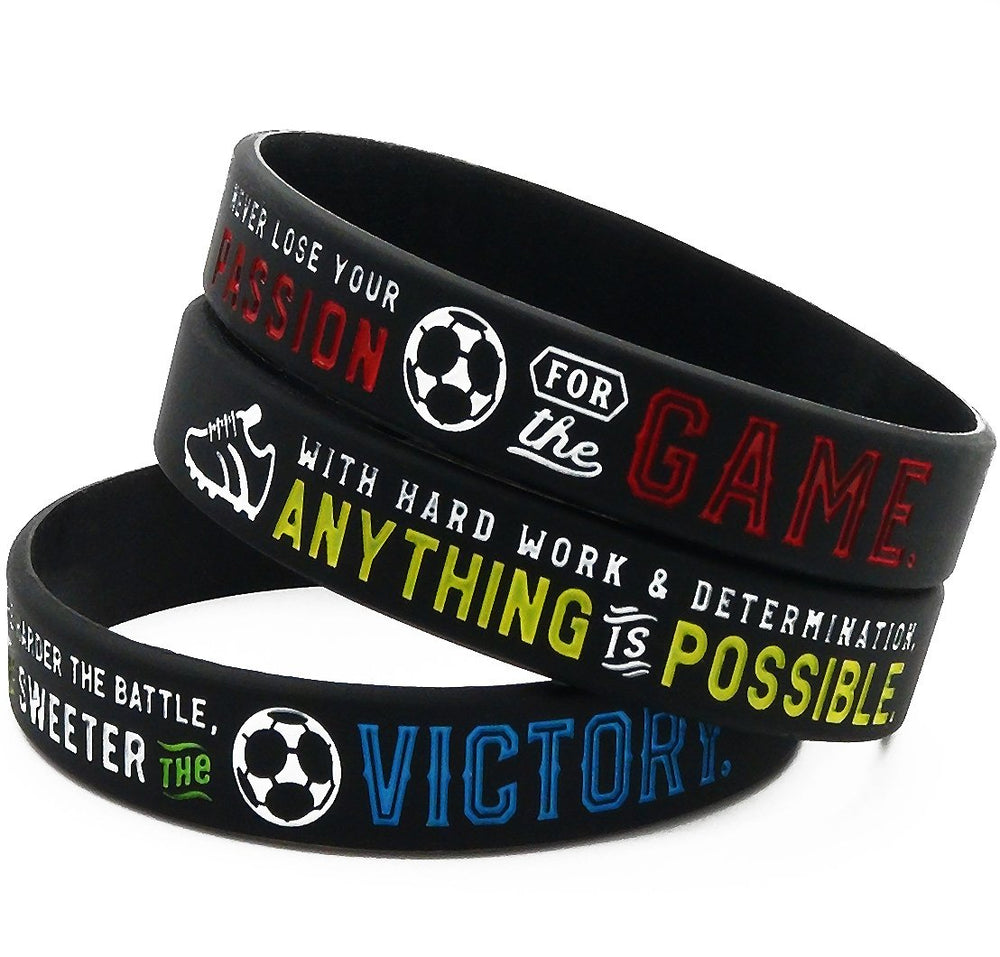 Soccer Silicone Wristbands with Motivational Sayings (6-pack) - Soccer Bracelets Jewelry Gifts