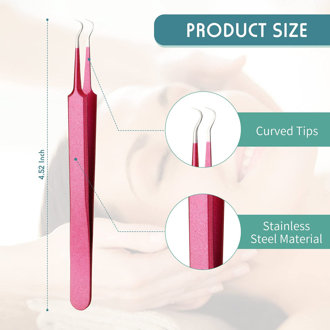 3 Pieces Blackhead Tweezers Acne Blemish Stainless Steel Blemish Extractor Tool for Remove Blackhead Acne Whitehead Pimple Bend Curved Tweezer Skin Blackhead Remover Tools (Rose Red)