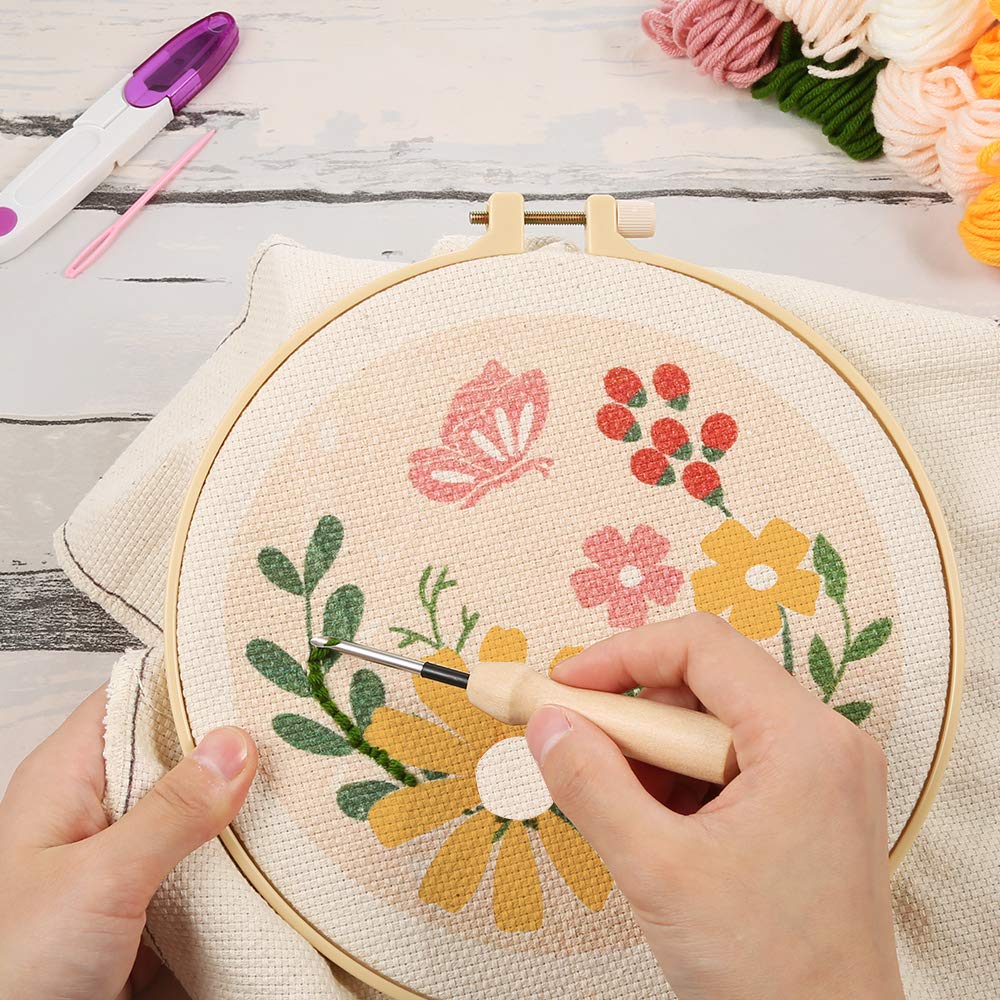 Punch Needle Embroidery Starter Kits for Kids and Adults Beginners, Include Instructions, Punch Needle Fabric with Floral Pattern, Yarns, Embroidery Hoops and Threader Tools
