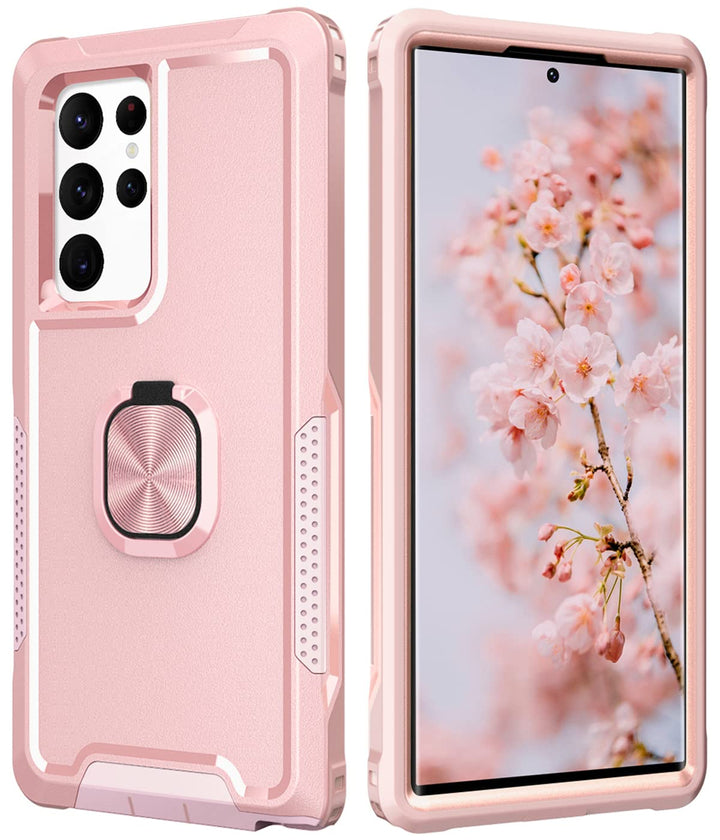 for Galaxy S22 Ultra Case Heavy Duty Full Body Shockproof Kickstand with 360°Ring Holder Support Car Mount Hybrid Bumper Silicone Hard Back Cover for Samsung S22 Ultra 6.8 Rose Gold