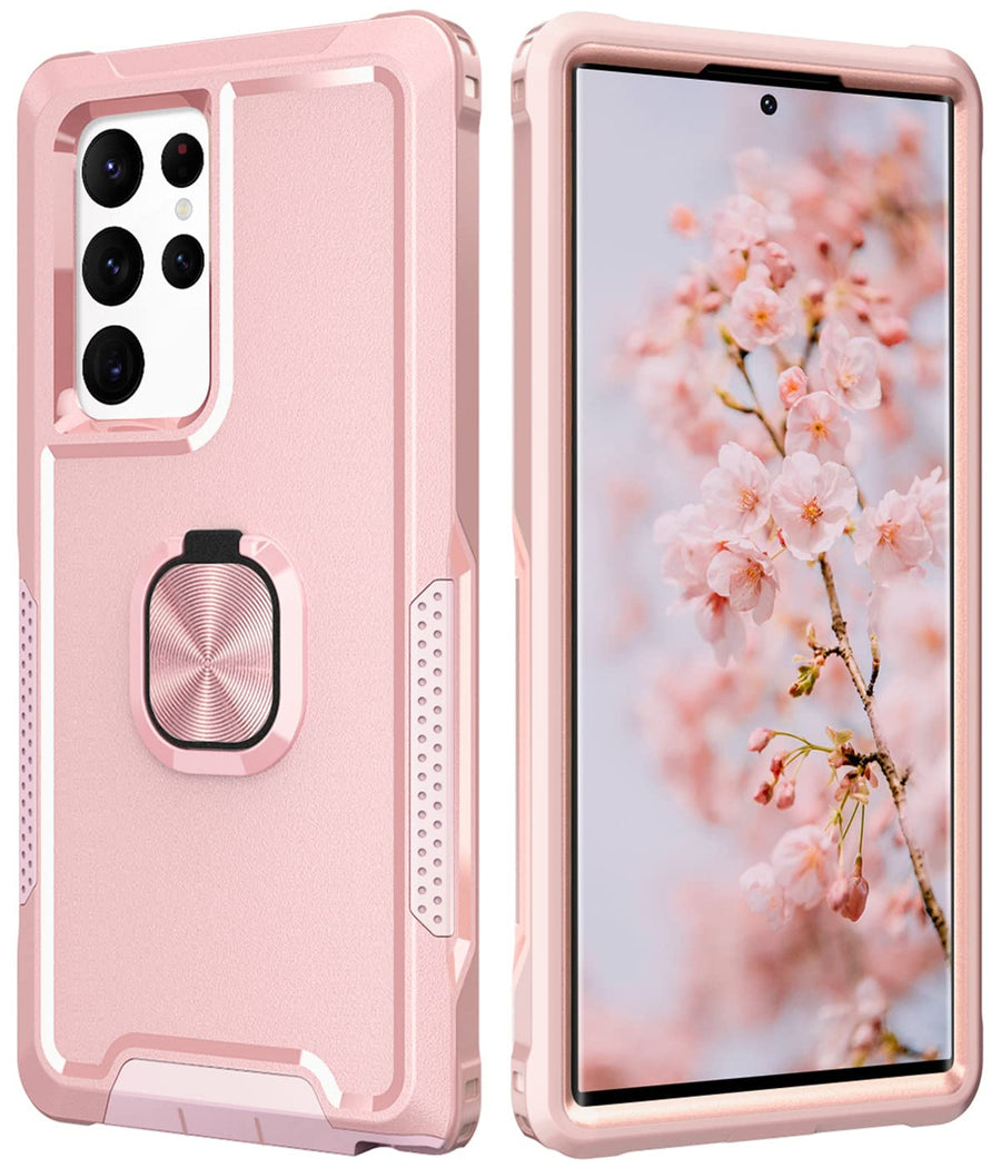for Galaxy S22 Ultra Case Heavy Duty Full Body Shockproof Kickstand with 360°Ring Holder Support Car Mount Hybrid Bumper Silicone Hard Back Cover for Samsung S22 Ultra 6.8 Rose Gold