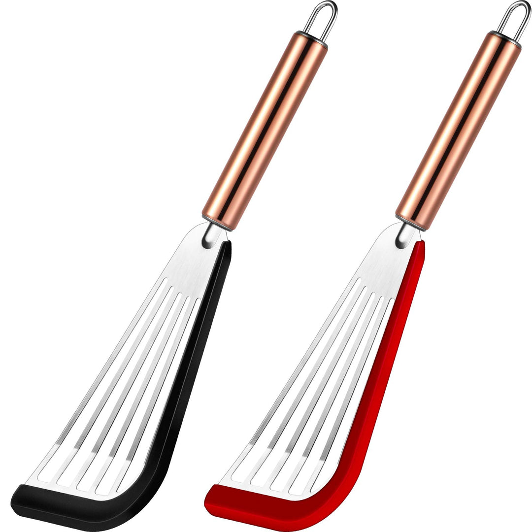 2 Pieces Slotted Spatula Flexible Stainless Steel Spatula with Silicone Top Soft Edge Slotted Spatula Turner with Golden Handle (Black and Red)