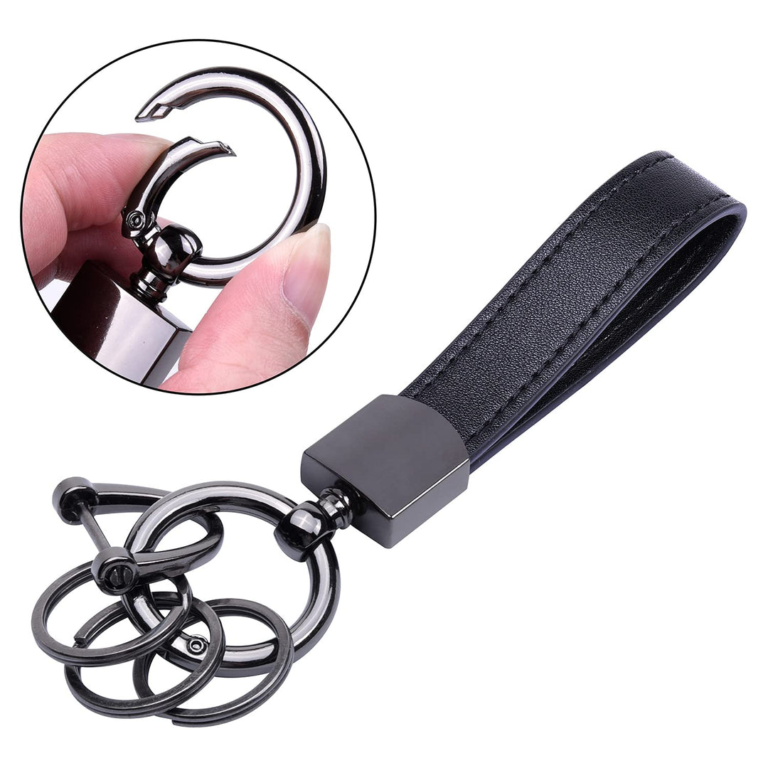 Genuine Leather Car Keychain, Universal Key Fob Keychain Leather Key Chain Holder for Men and Women, 360 Degree Rotatable, with Anti-lost D-ring, 3 Keyrings and 1 Screwdriver - Black