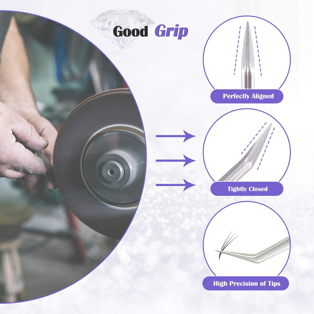 Eyelash Extension Tweezers Set 5 PCS for Volume Lash Extensions Stainless Steel Straight and Curved Tips Eyelash Tweezers for Extensions Isolation Fanning Applicator -Silver