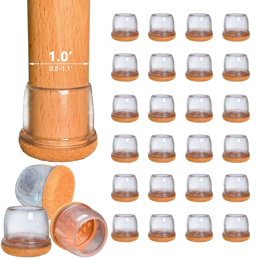 24 Pack Small Silicone Chair Leg Floor Protectors for Hardwood Floors, Clear Chair Leg Caps with Wrapped Felt to Scratches and Noise, Free Moving Table Leg Covers (Round, Fit: 0.8 - 1.1)