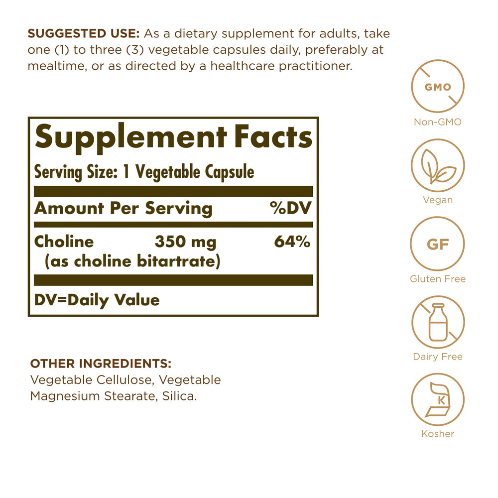 Choline 350 mg - 100 Vegetable Capsules - Non-GMO, Vegan, Kosher - 100 Servings