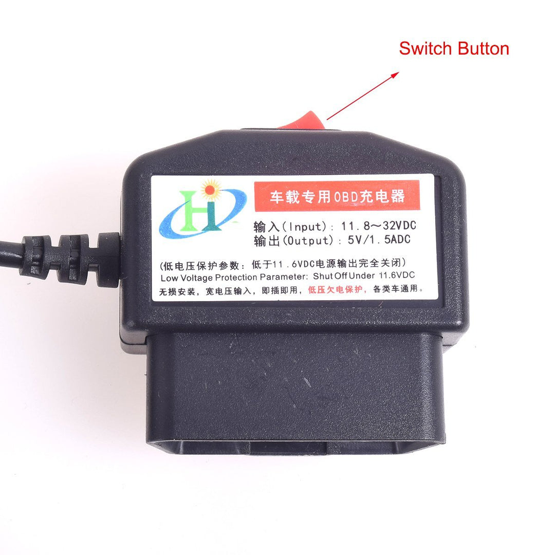 Car OBD2 Dash Camera DVR Charging Cable Micro USB Power Adapter with Switch Button - 16Pin OBD2 Connector Direct Charger for Gps Camcorder Tablet E-dog Phone(HTC Samsung Blackberry) - 11.5FT 12-24V