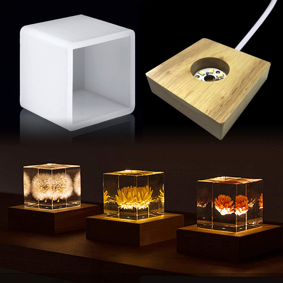 Square Light Resin Mold,LED Silicone Molds for Resin,Resin Silicone Molds with Wooden Lighted Base Stand for Resin Art,Home Decoration