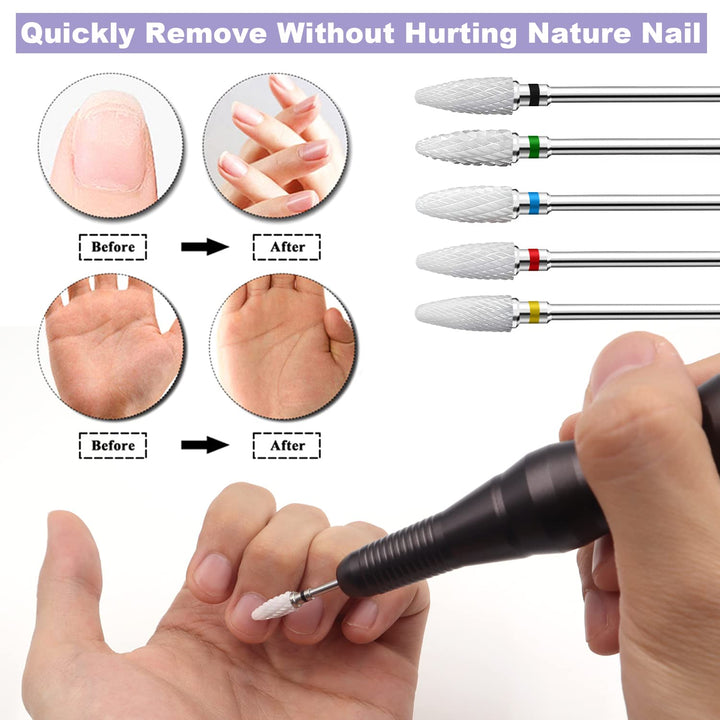 Fantexy Ceramic Nail Drill Bits Set,3/32'' Shank Professional Corn Shape Ceramic Bits,Acrylic Nail File Bits for Manicure Pedicure Cuticle Gel Nail Polishing,Use for Both Left and Right Handed(5 Pcs)