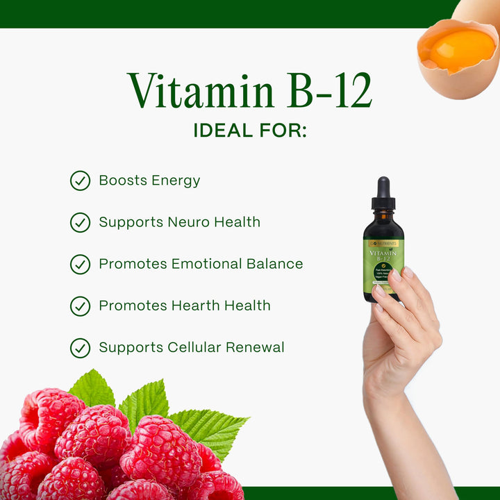 Vitamin B12 Sublingual Methylcobalamin – B-12 Liquid Drops 3000mcg, Organic Raspberry Flavor, Vegan – Supports Energy, Nerve Health & Red Blood Cell Formation - 2oz (48 Servings)