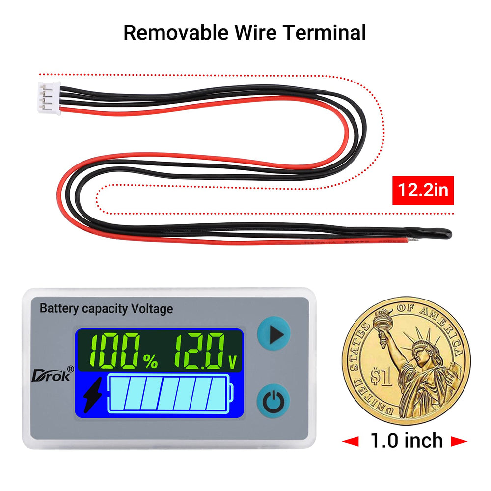 12V Battery Monitor, Digital Battery Capacity Tester, Percentage Level Voltage Temperature Switch Meter Gauge 12V LCD Display Marine RV Battery Power Indicator Panel