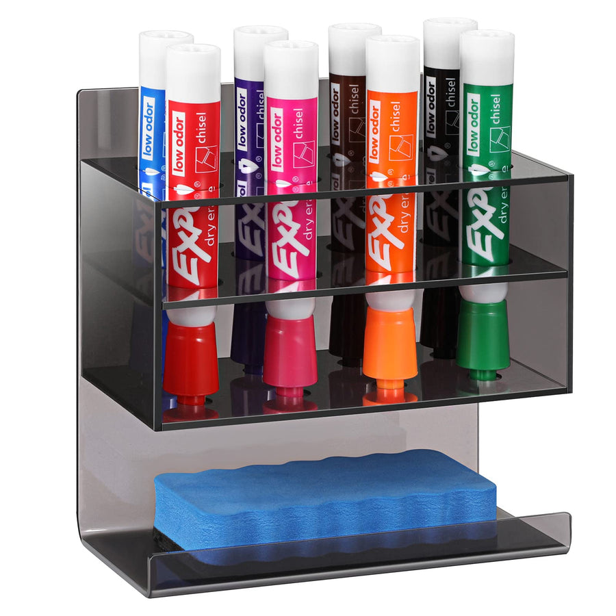 2-Tier Acrylic Dry Erase Marker Holder, 8-Slot Adhesive Wall Mount Pen Eraser Whiteboard Organizer Stand for Office, Home, Fridge (Black)