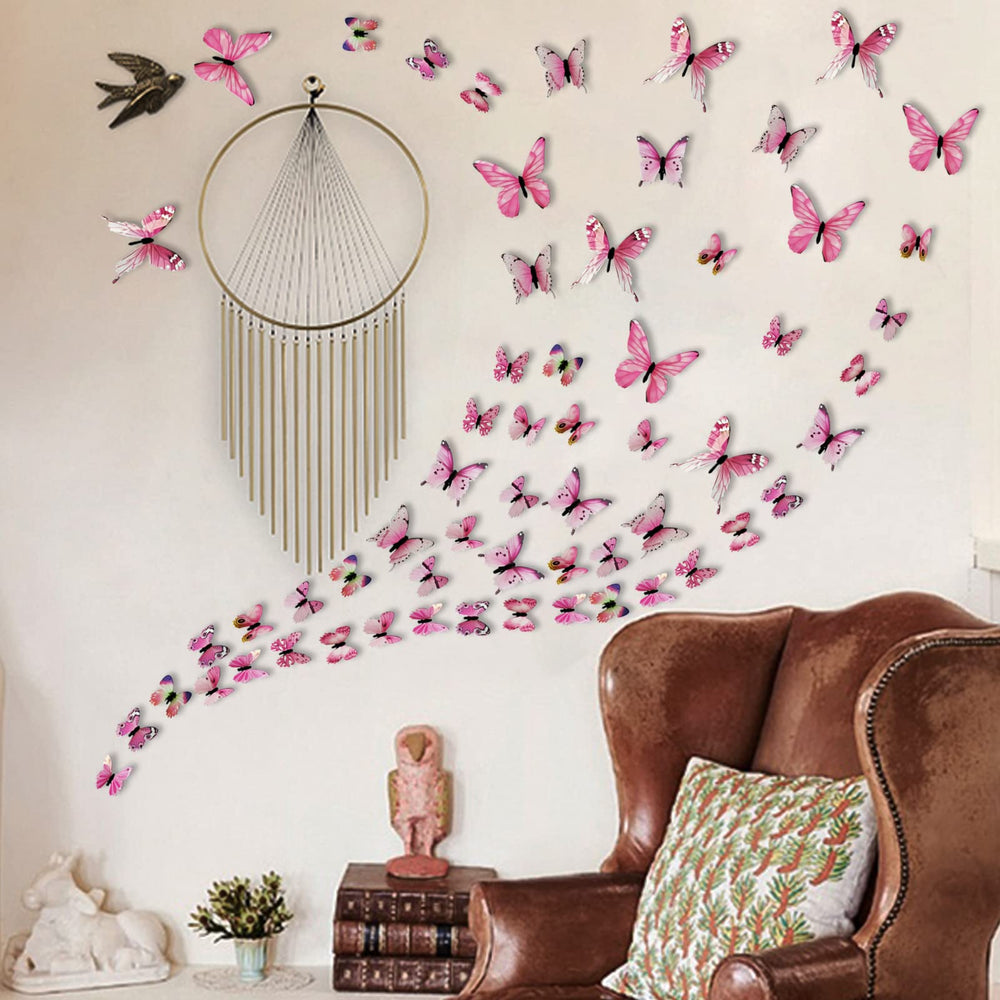 3D Butterfly Wall Stickers Arts Decor Crafts for Kids Girls, Home Decorations for Living Room Baby Bedroom Bathroom Nursery Classroom Office Decals 60PCS (60 Pink)