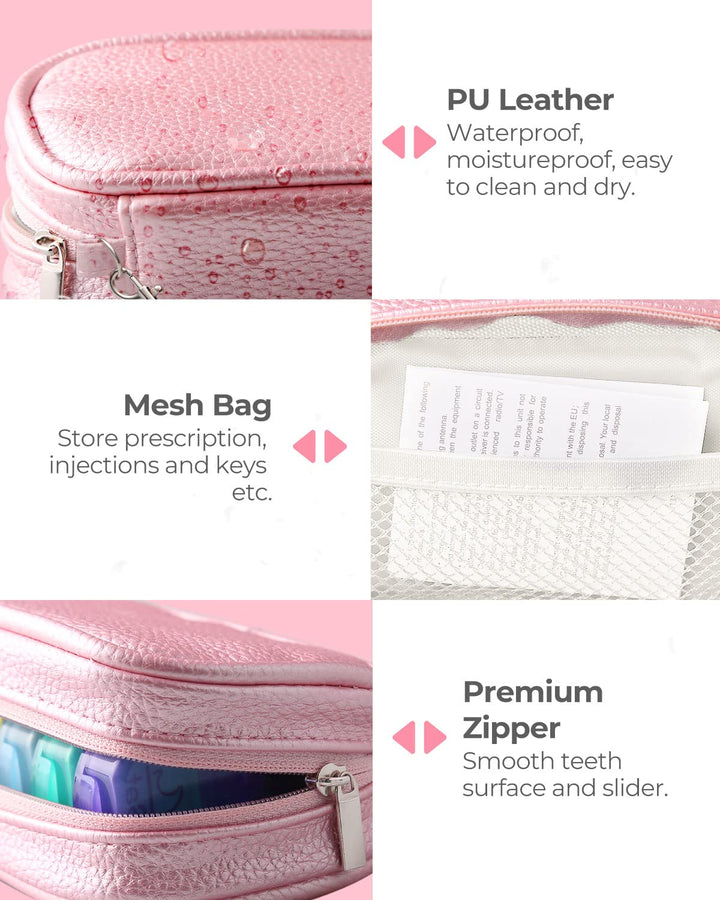 Cute Pill Organizer 2 Times a Day, PU Leather Pill Case for Women, Portable Weekly Pill Box for Purse with Storage Bag to Hold Vitamins, Medications, Fish Oils, Supplements (Pink)